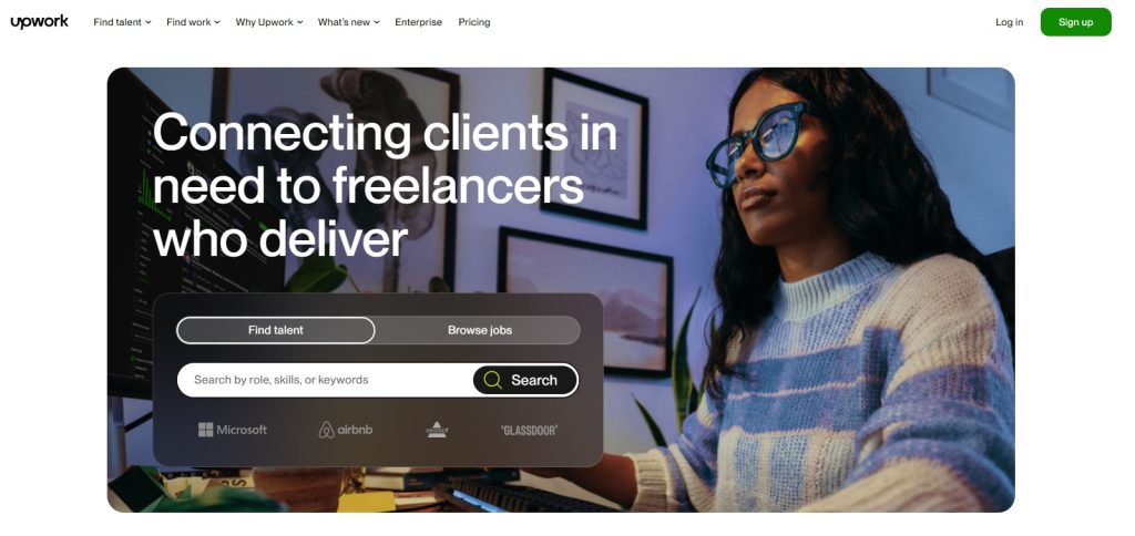 Screenshot of Upwork’s homepage for finding freelance jobs, representing where new freelancers can get started.