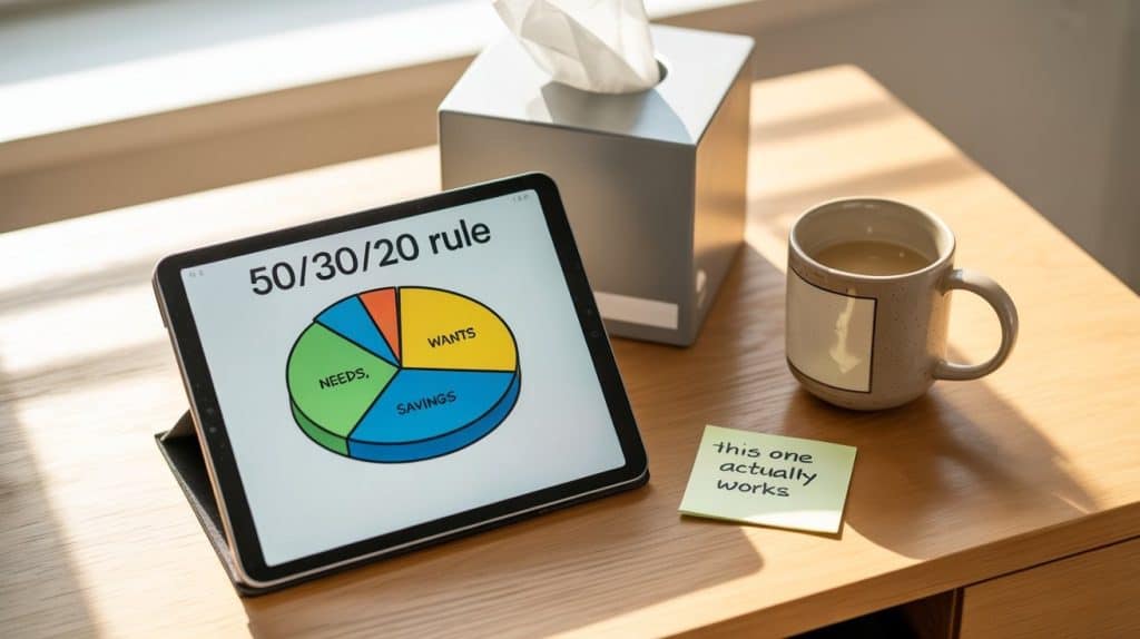 A photograph of a sleek tablet screen resting on a light wood desk, displaying a colorful pie chart illustrating the "50/30/20 Rule" breakdown as one way to save $10k in 12 months.
