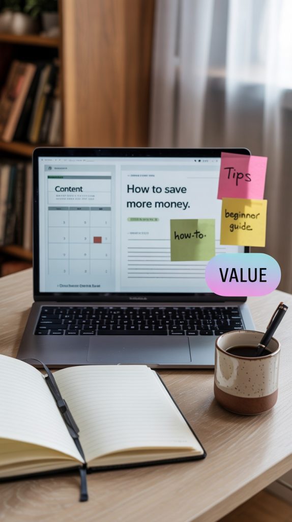 Laptop displaying a blog post draft titled “How to save more money,” surrounded by sticky notes, an open notebook, and a coffee mug.
