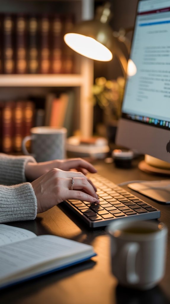 Organized desk with a woman typing freelance goals and tasks, symbolizing identifying your skills and managing focus.
