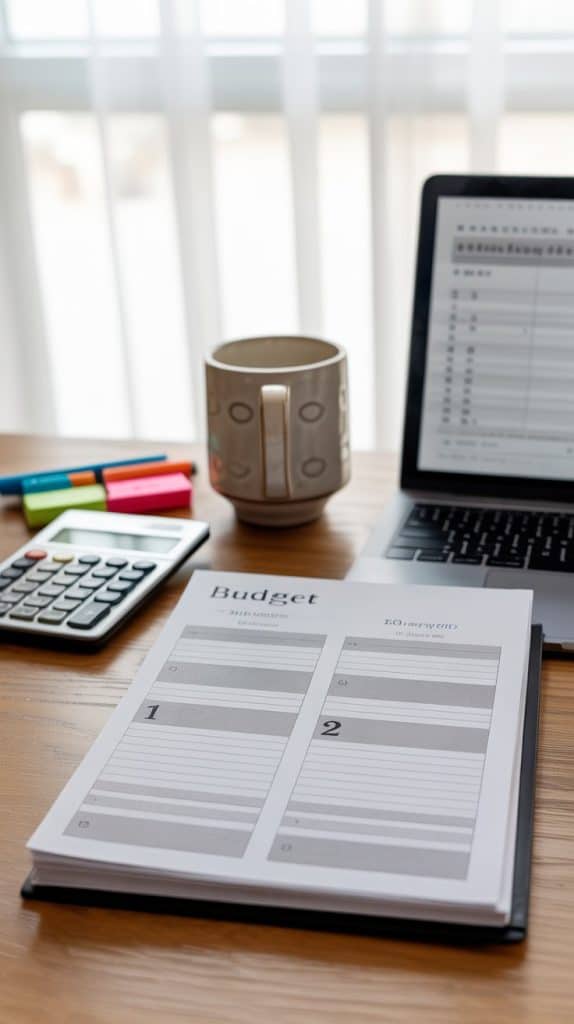 A close-up of a wooden desk with a printed budget planner showing two columns labeled “1” and “2,” alongside a laptop displaying a financial spreadsheet, a calculator, colorful markers, and a coffee mug for the half payment budget method.