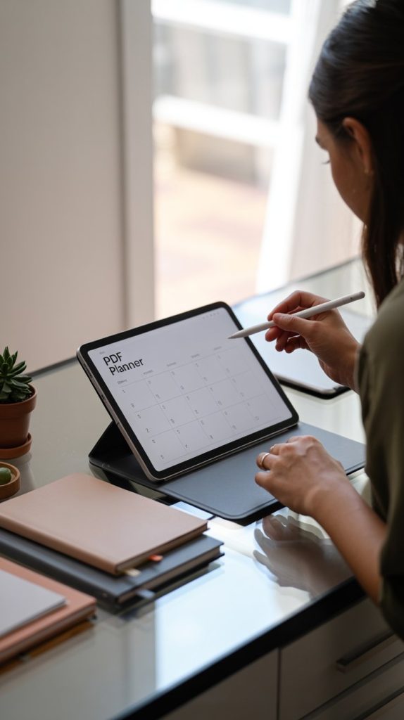 Woman using a digital stylus on a tablet displaying a PDF planner, seated at a modern desk with notebooks and a small potted plant nearby.