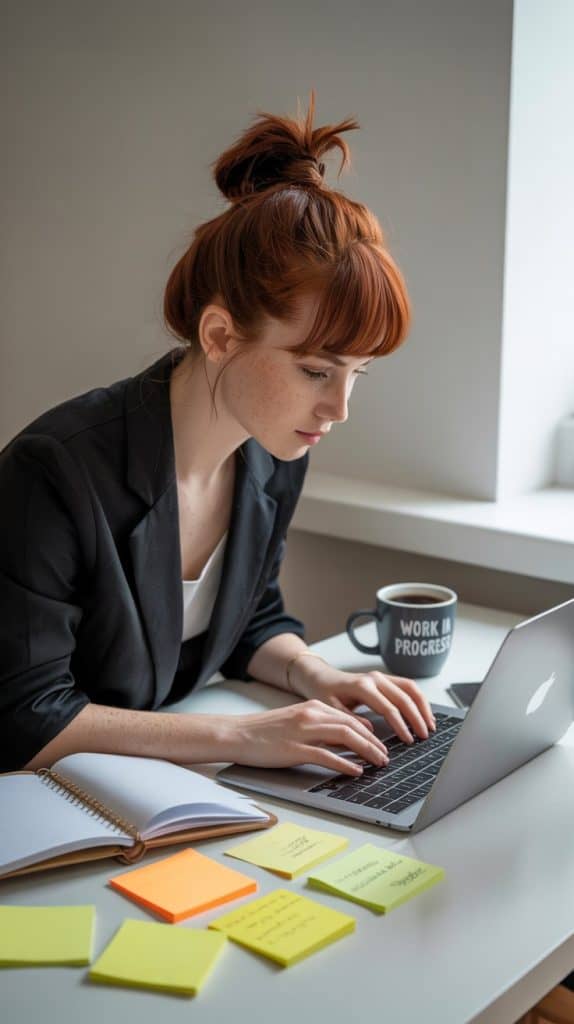 Solo freelancer sitting at a desk with a laptop and notebook, surrounded by sticky notes and a coffee mug, showing a “work in progress” vibe with determination on how to make money on Upwork.