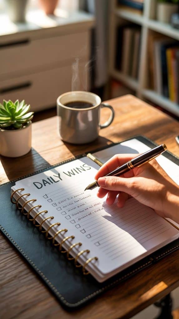 A calendar, planner, and task list on a desk, with a person checking off a daily to-do—symbolizing consistent daily action toward big goals.