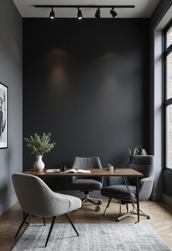 17 Black Accent Wall Inspirations for a Masculine Home Office (Increase Your Productivity!) - 9. Monochrome Magic