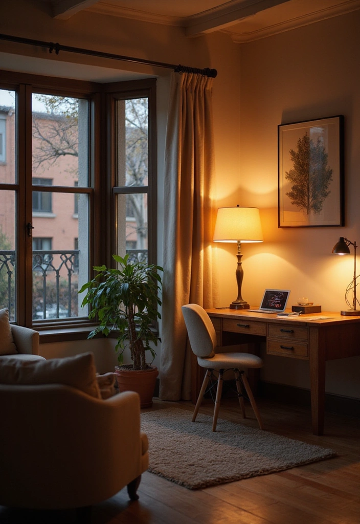 28 Cozy Living Room Office Combos That Make You Feel Right at Home! - 3. Ambient Lighting to Set the Mood
