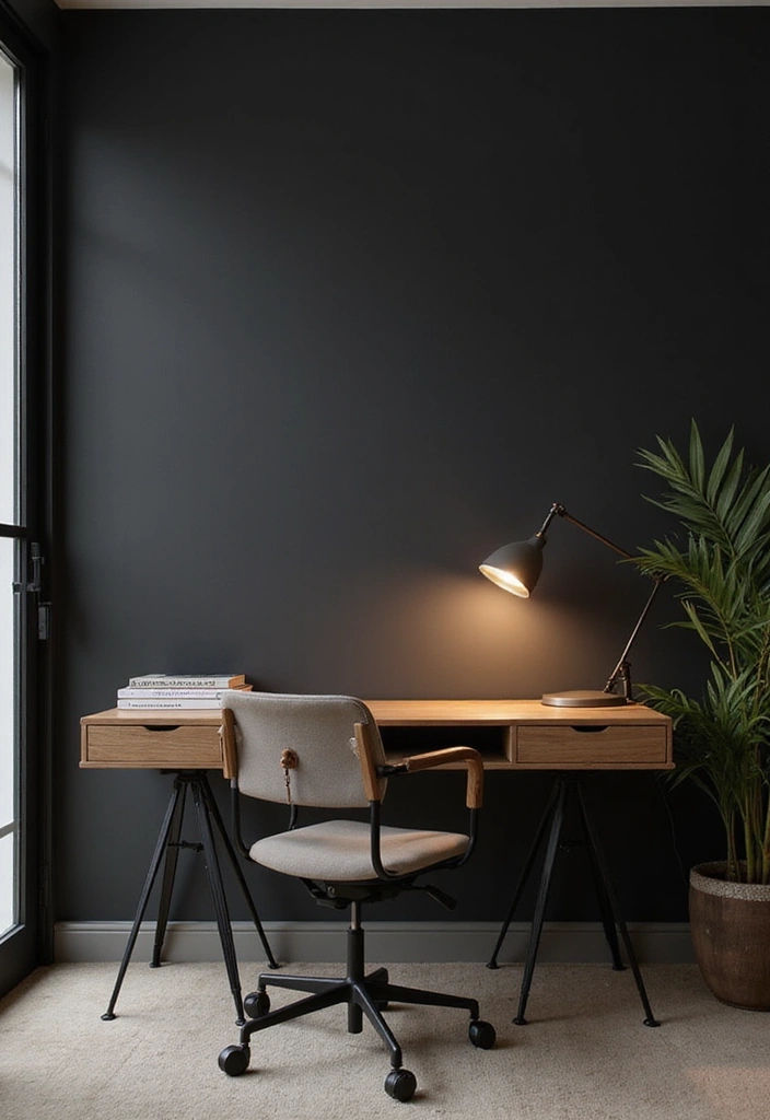 17 Black Accent Wall Inspirations for a Masculine Home Office (Increase Your Productivity!) - 14. Statement Lighting