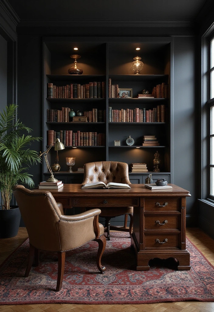 17 Black Accent Wall Inspirations for a Masculine Home Office (Increase Your Productivity!) - 11. Elegant Dark Academia