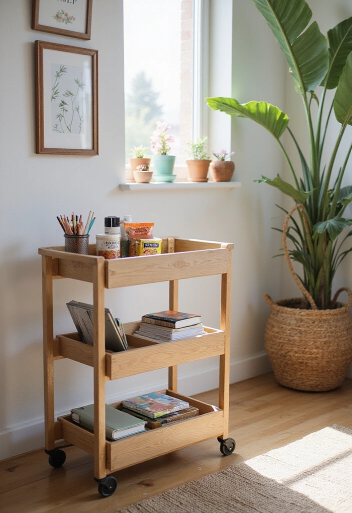 28 Cozy Living Room Office Combos That Make You Feel Right at Home! - 26. Use a Rolling Cart for Flexibility
