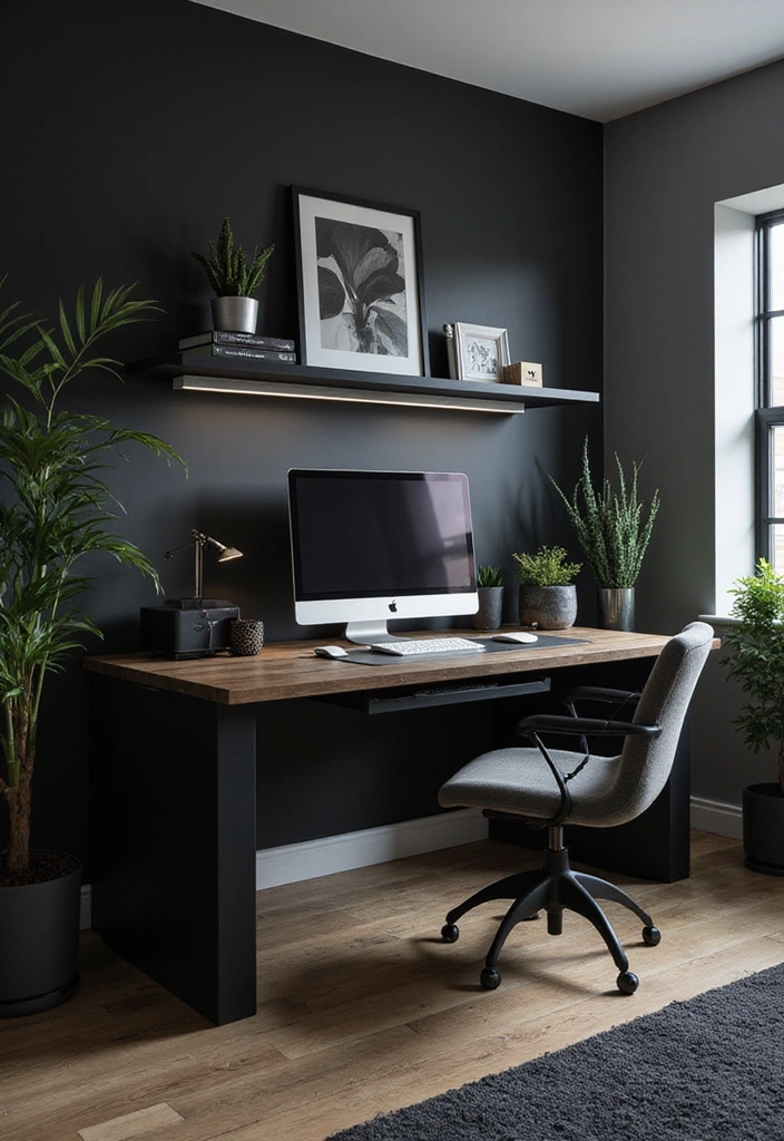 17 Black Accent Wall Inspirations for a Masculine Home Office (Increase Your Productivity!) - 7. Tech-Savvy Sanctuary